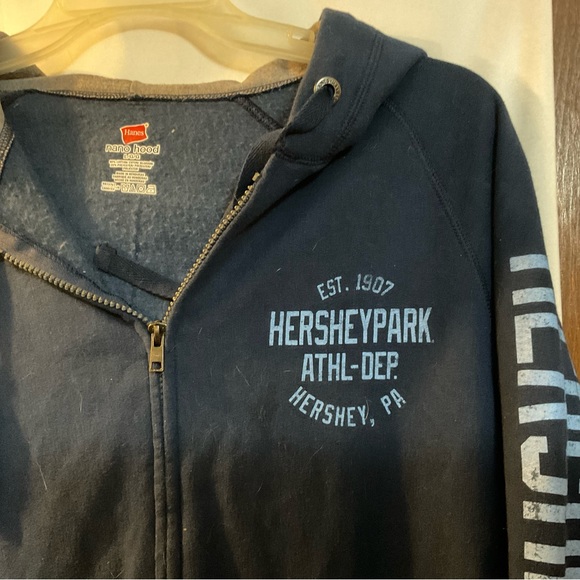 Hanes; unisex Hershey Park size large sweat jacket navy blue zipper front. - Picture 2 of 6